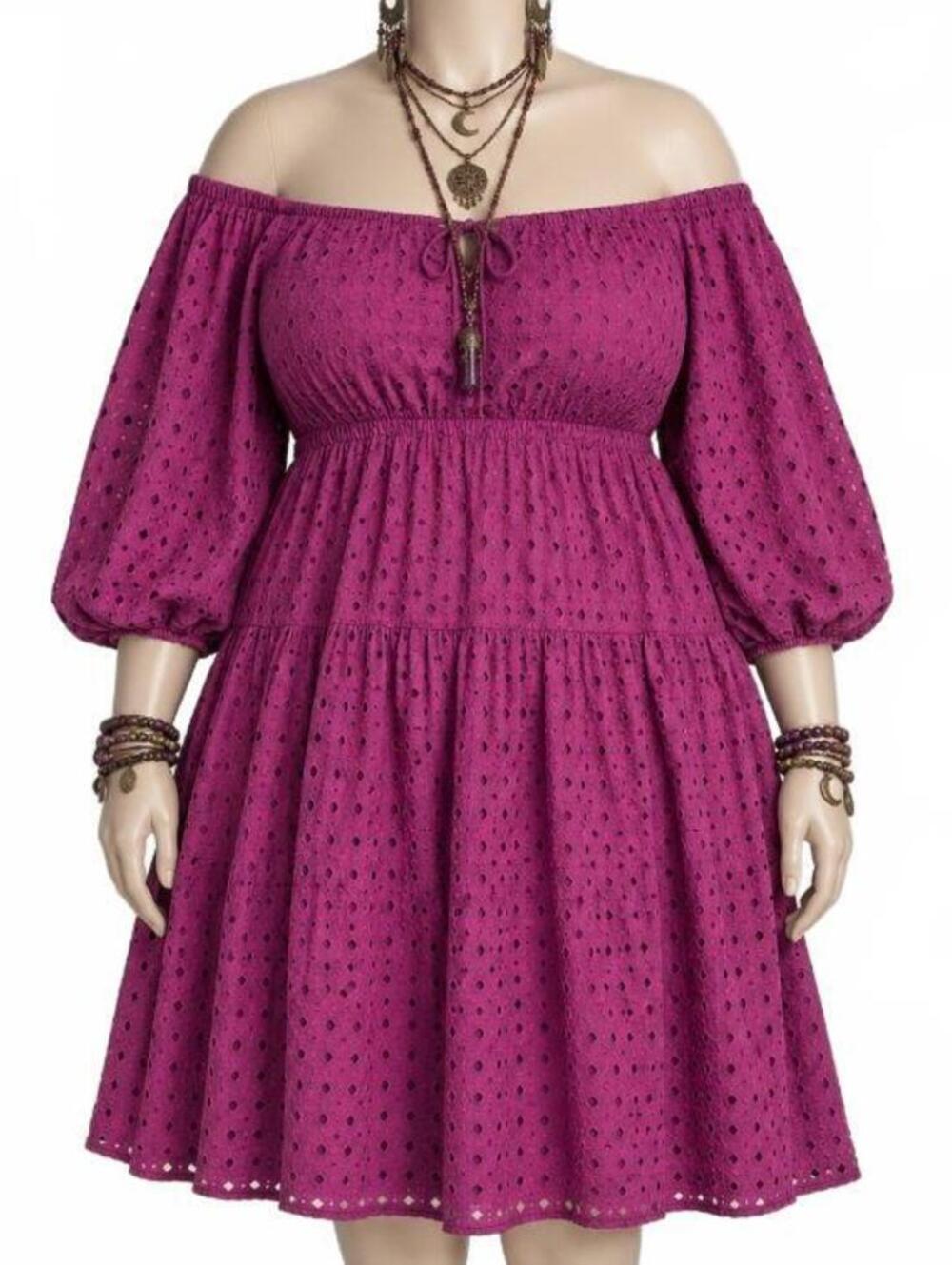 Eloquii Fuchsia Eyelet Lace Tiered peasant Dress baby doll off shoulder sz22 NWT